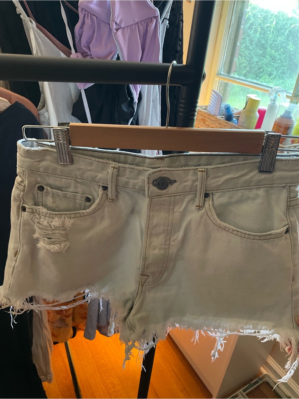 GRLFRND Beige Distressed Denim Cutoff Shorts
